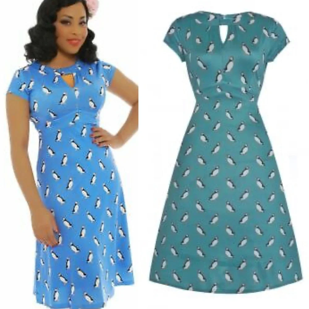 Lindy Bop Juliet Blue Puffin Print Stretchy Vintage Retro Dress - Picture 1 of 8